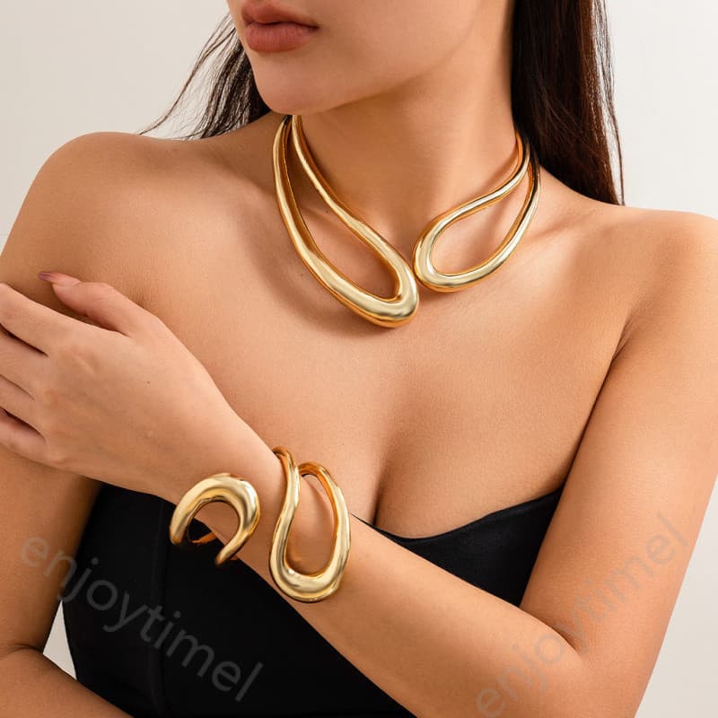 Exagerado Anel Brilhante Metálico Gargantilha Colar Vintage Oco Irregular Primavera Collar