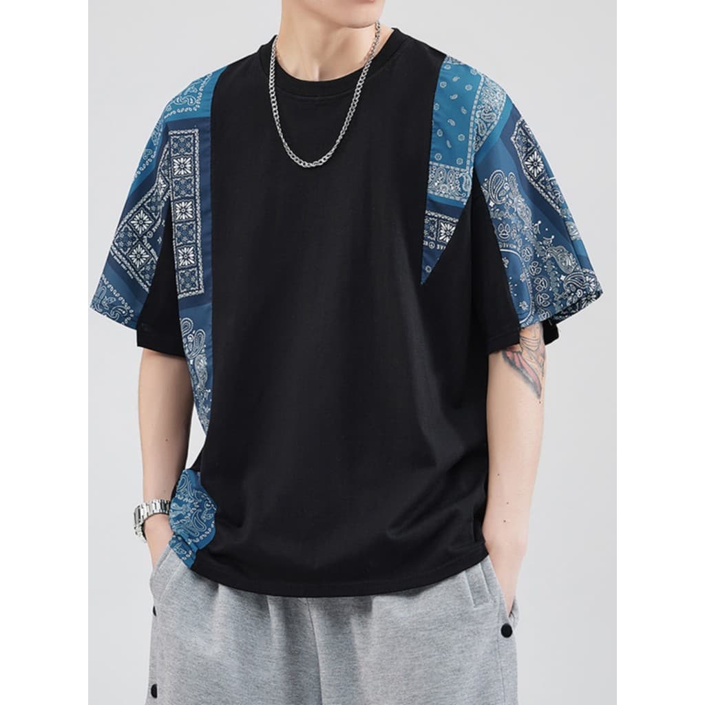 Americano Retro verão caju flor de manga curta camiseta masculina costura Street Wear solto na moda estilo étnico meia m