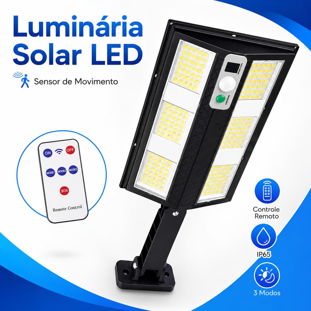 Refletor Solar LED Externo com Sensor de Presença e Controle