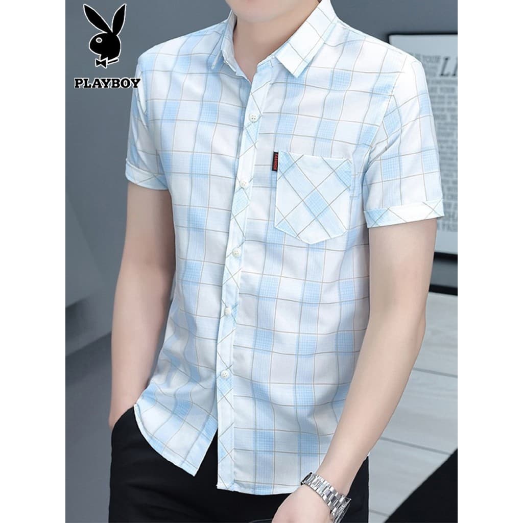 Playboy xadrez fino camisa de manga curta masculina Street Wear fino ajuste Casual na moda camisa verão meia manga poleg