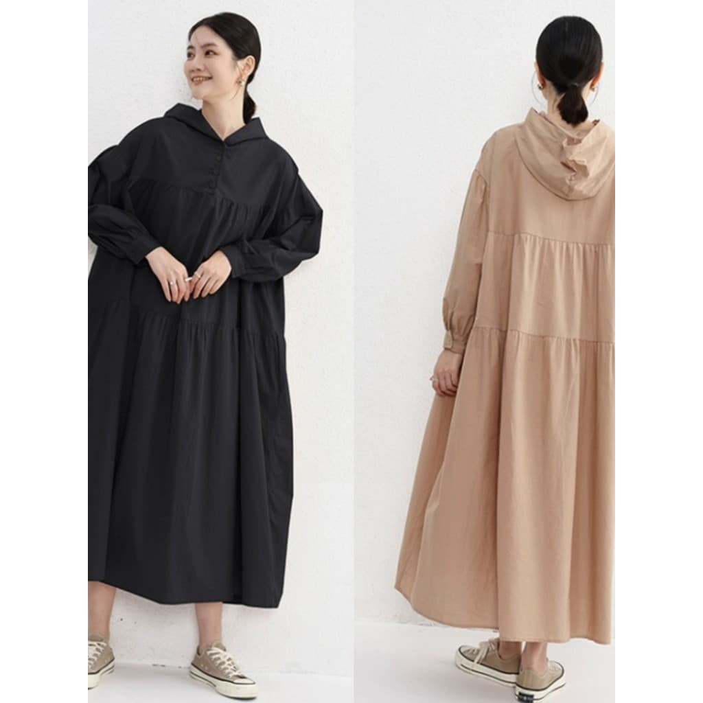 Outono versão coreana com capuz solto saia feminina Casual estilo longo vestido de manga comprida costura manga bufante