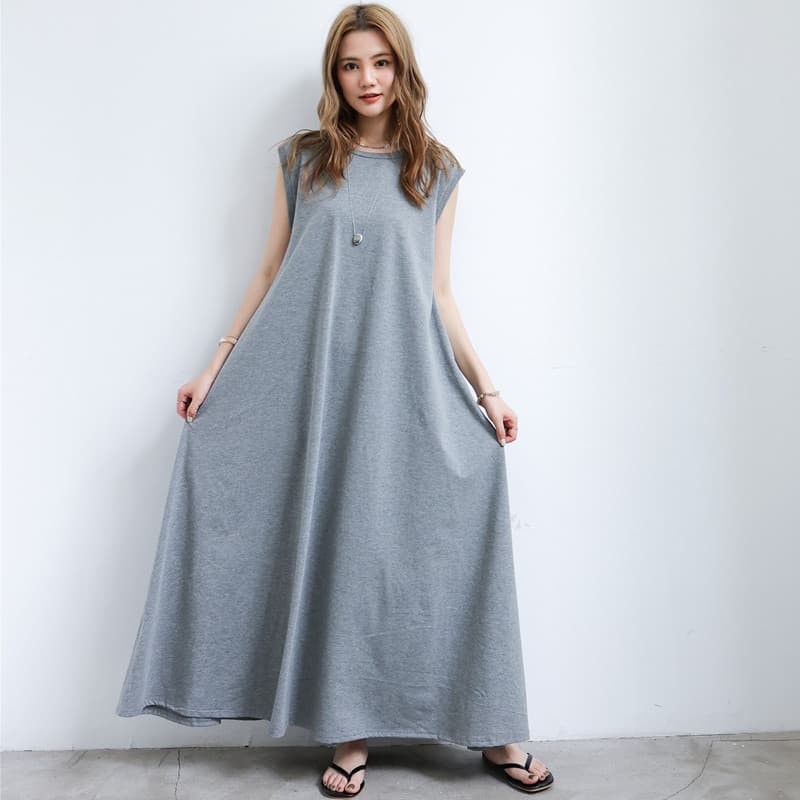 Verão estilo japonês cor sólida em torno do pescoço saia longa solto vestido de algodão feminino longo sem mangas saia d