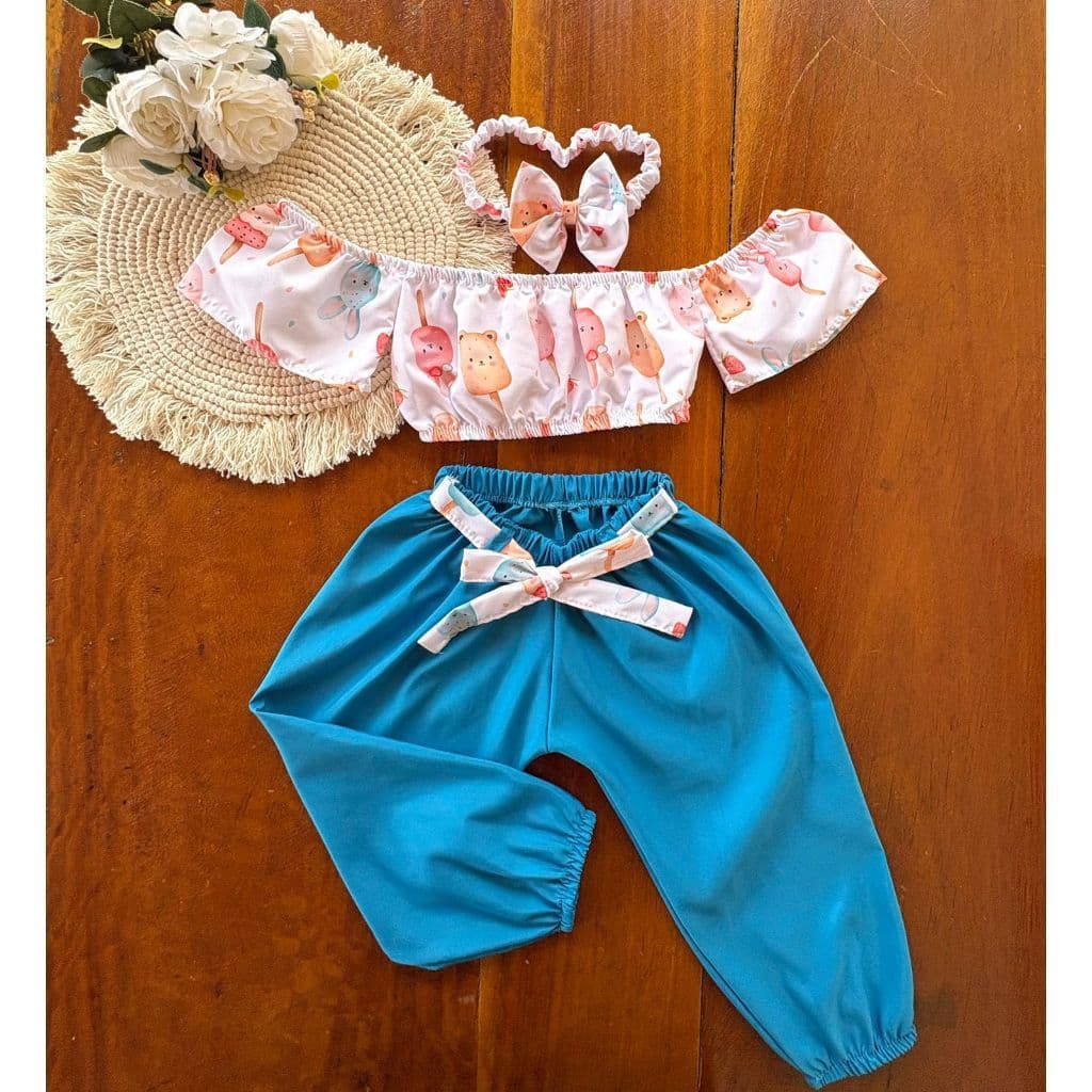 1 a 2 anos - Conjunto Infantil Menina - Blusa, Calça e Tiara (Kit 3 Peças)