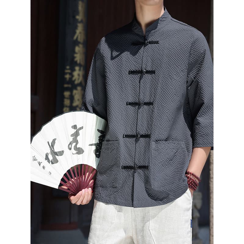 Verão novo estilo chinês Waffle fino camisa de manga curta masculina estilo chinês Retro nacional na moda Tang terno sol