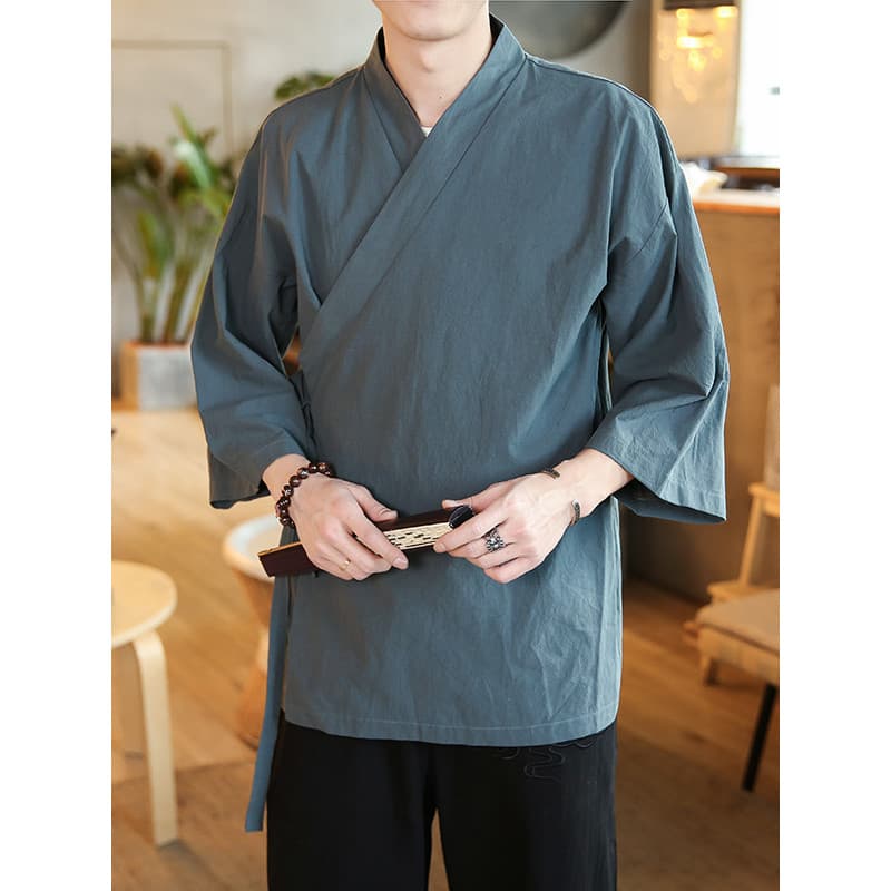 Hanfu Masculino Chinês Retro Layman Roupas Roupas de Chá Estilo Chinês Traje Diagonal Traje Antigo Manga de Três Quartos