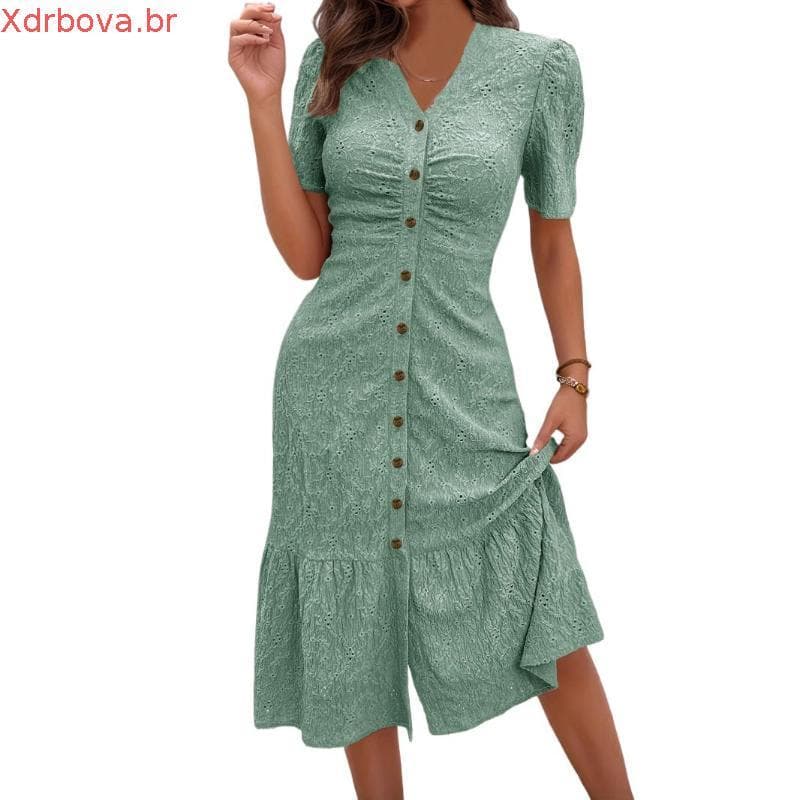 [gzhxdiizi1] Vestido Feminino De Manga Curta Com Decote Em V , Verão , Casual , Botão , Floral , Bolsos , Verde Claro XL