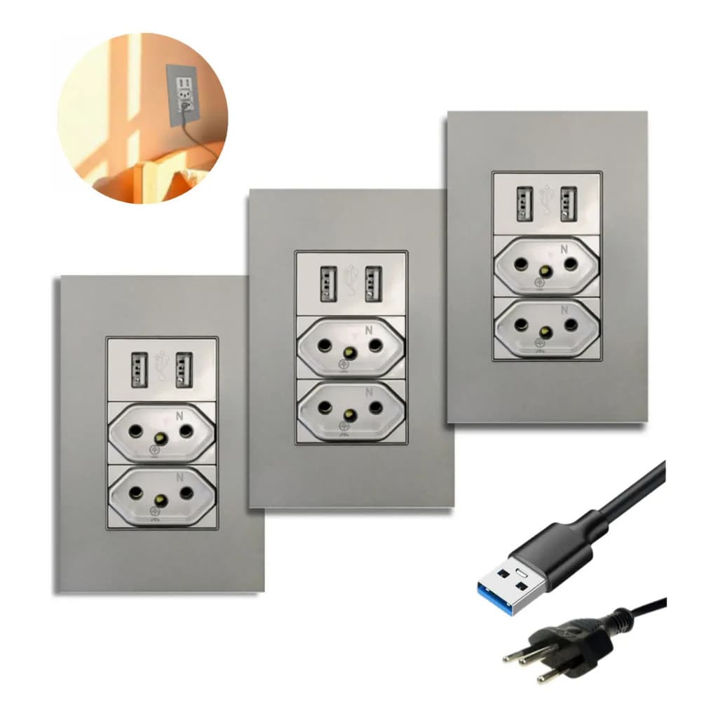 Kit 3 Tomada Dupla De Parede 4x2 Com 2 Entradas Usb 10A Bivolt Com Espelho Na Cor Cinza 5v