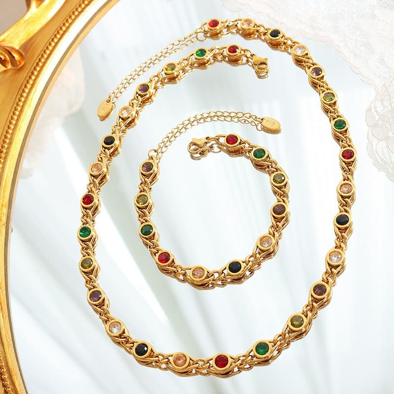 Europeu americano pequeno olho de peixe Design colorido zircão costura corrente colar pulseira Material de cobre jóias c