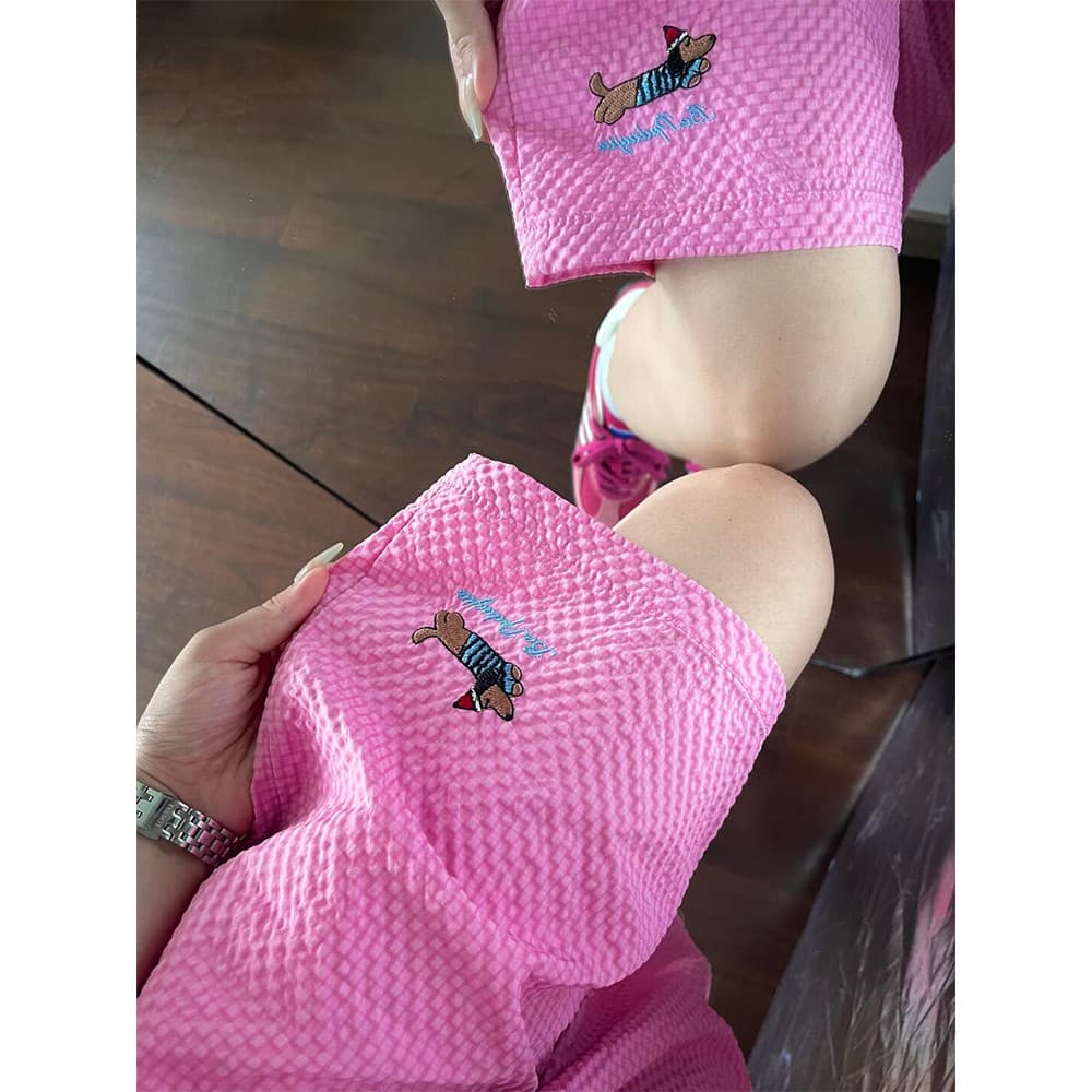 Rosa filhote de cachorro bordado Seersucker Shorts masculino verão fino de secagem rápida calças de praia soltas esporte