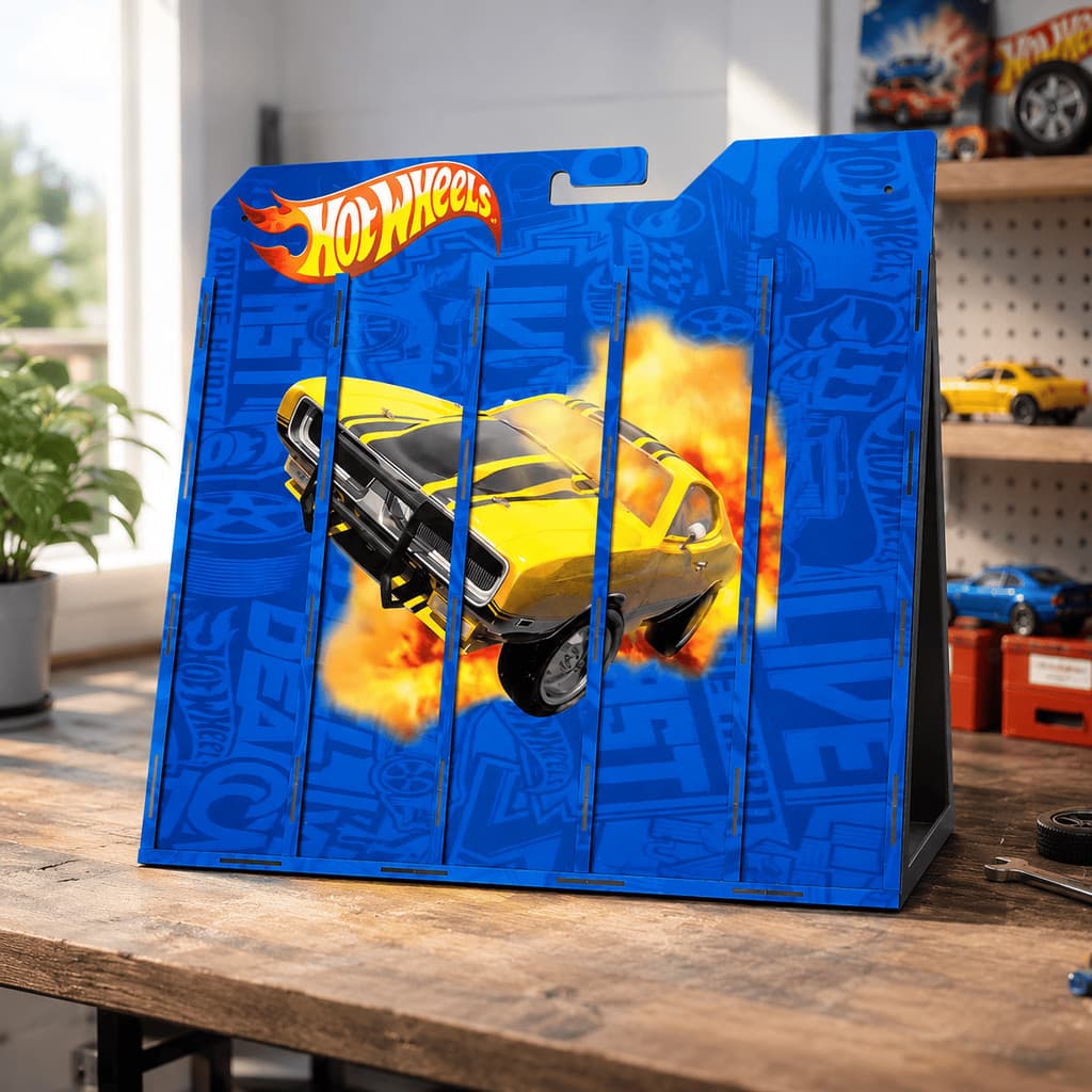 Porta Blister Adesivado Azul 50 Carrinhos Miniatura MDF Expositor para Hot Wheels e Matchbox
