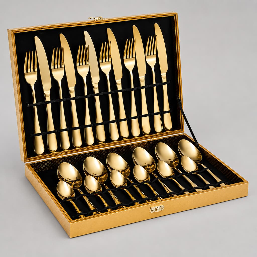 Kit Talheres Dourados 24 Peças com Maleta Luxo para Cozinha e Mesa Posta