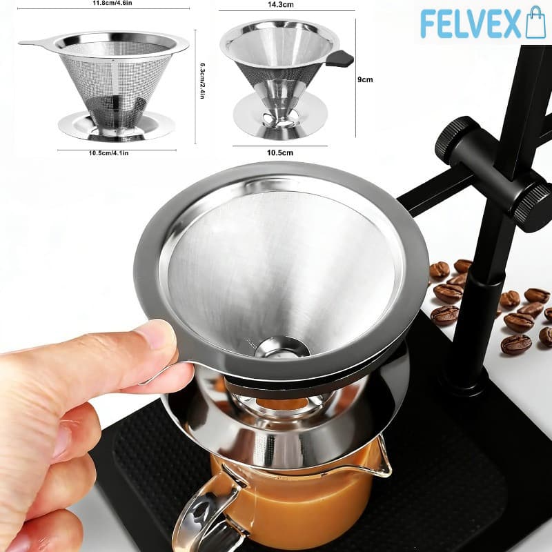 [FEL] Coador de Café em Aço Inoxidável, Filtro Reutilizável para Pour Over, 14.3cm