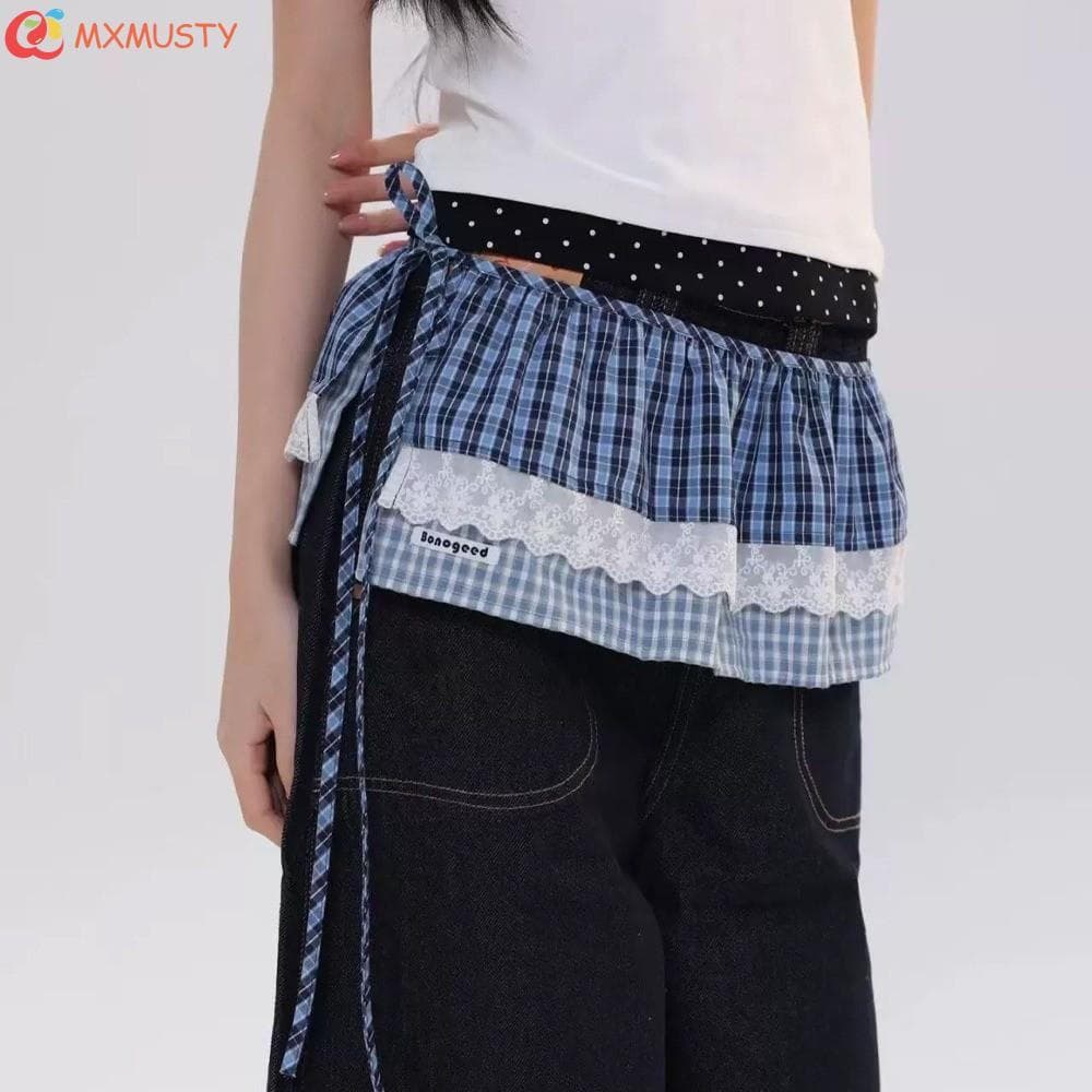 Cortina De Peido Xadrez MXMUSTYZA , Minissaias De Renda Balletcore Empilhadas , Bunda Em Camadas Y2k Com Cadarço Feminin
