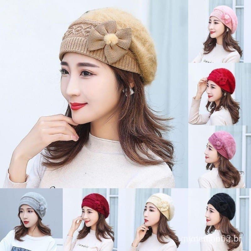 Chapéu Feminino Elegante de Lã Macia e Quente, Béret à Prova de Vento