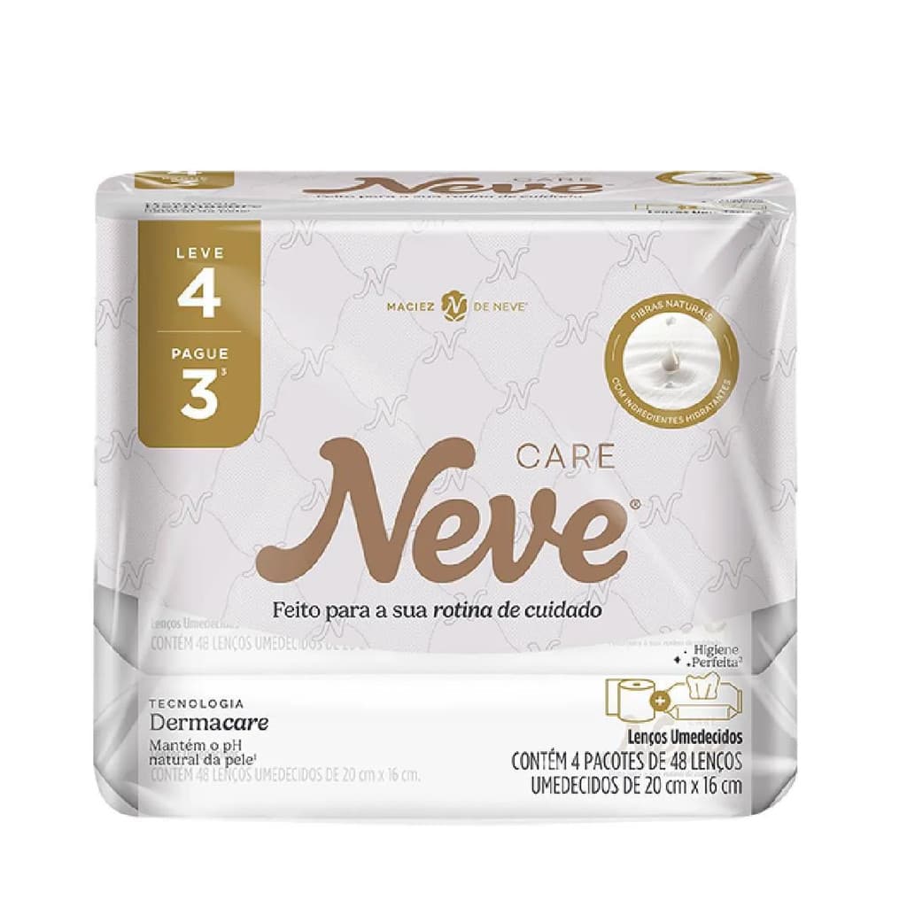 Pack com 4 Lenços Umedecidos Neve Care 48 Unidades cada Toque Suave e Higiene Diária