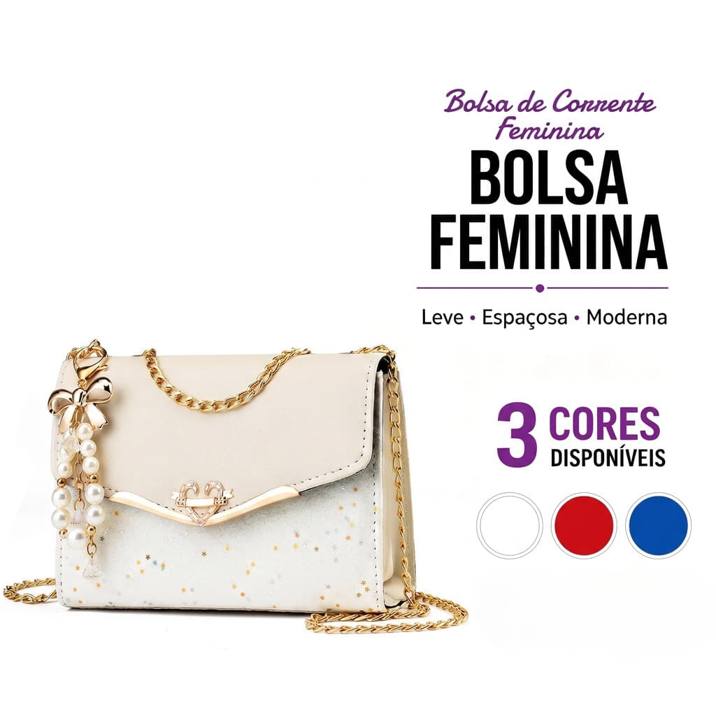 Bolsa Tiracolo Pequena Feminina PU com Corrente Dourada e Pingente de Pérolas Várias Cores