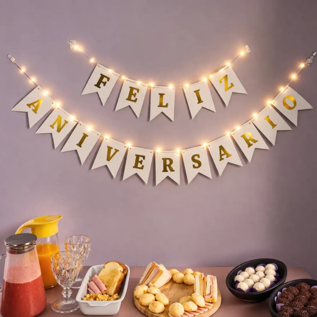 Bandeirinha Feliz Aniversário Com Led Branco Decoração Painel Festa Festa Infantil