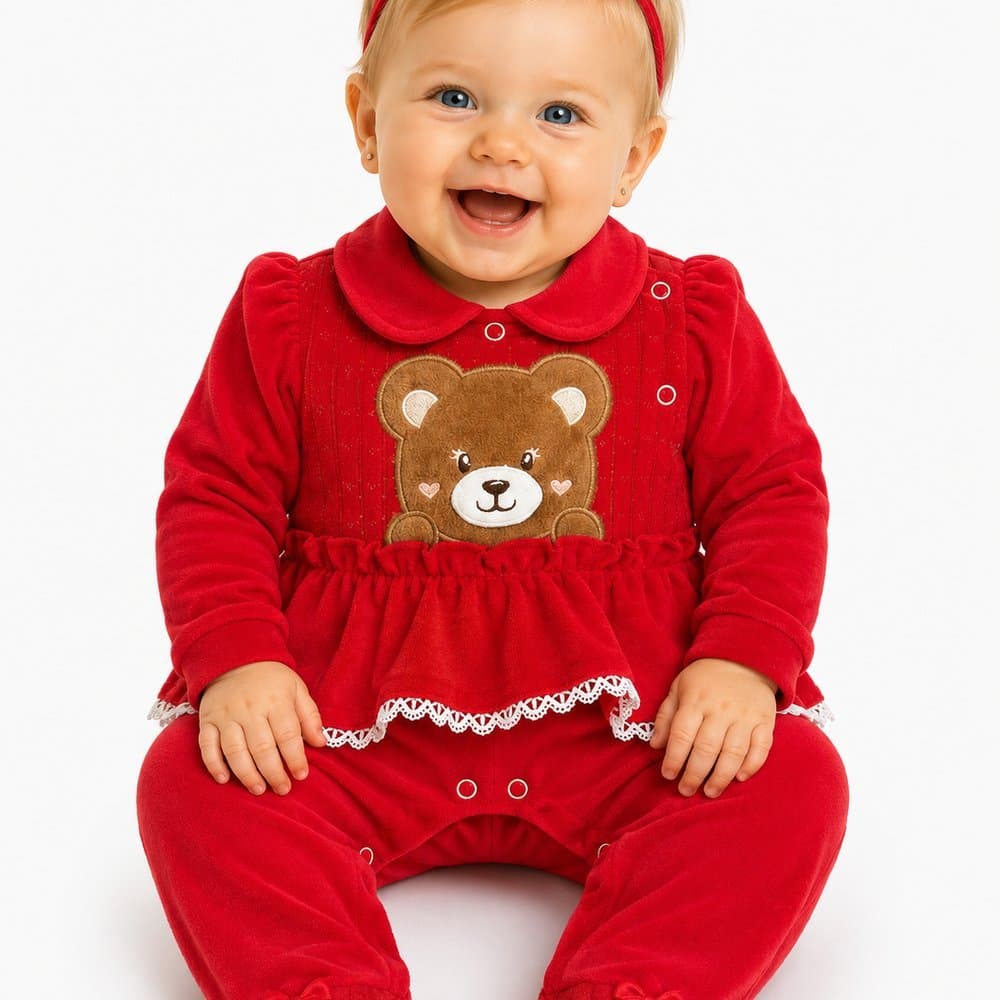 Macacão Bebê Menina Luxo Ursinha em Suedine Vermelho - M.Baby