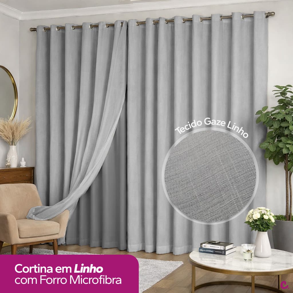 Cortina Voil Linho Gaze Com Forro Microfibra Tecido 5,00 X 2,30 / 2,40 / 2,50 / 2,60 / 2,70 / 2,80