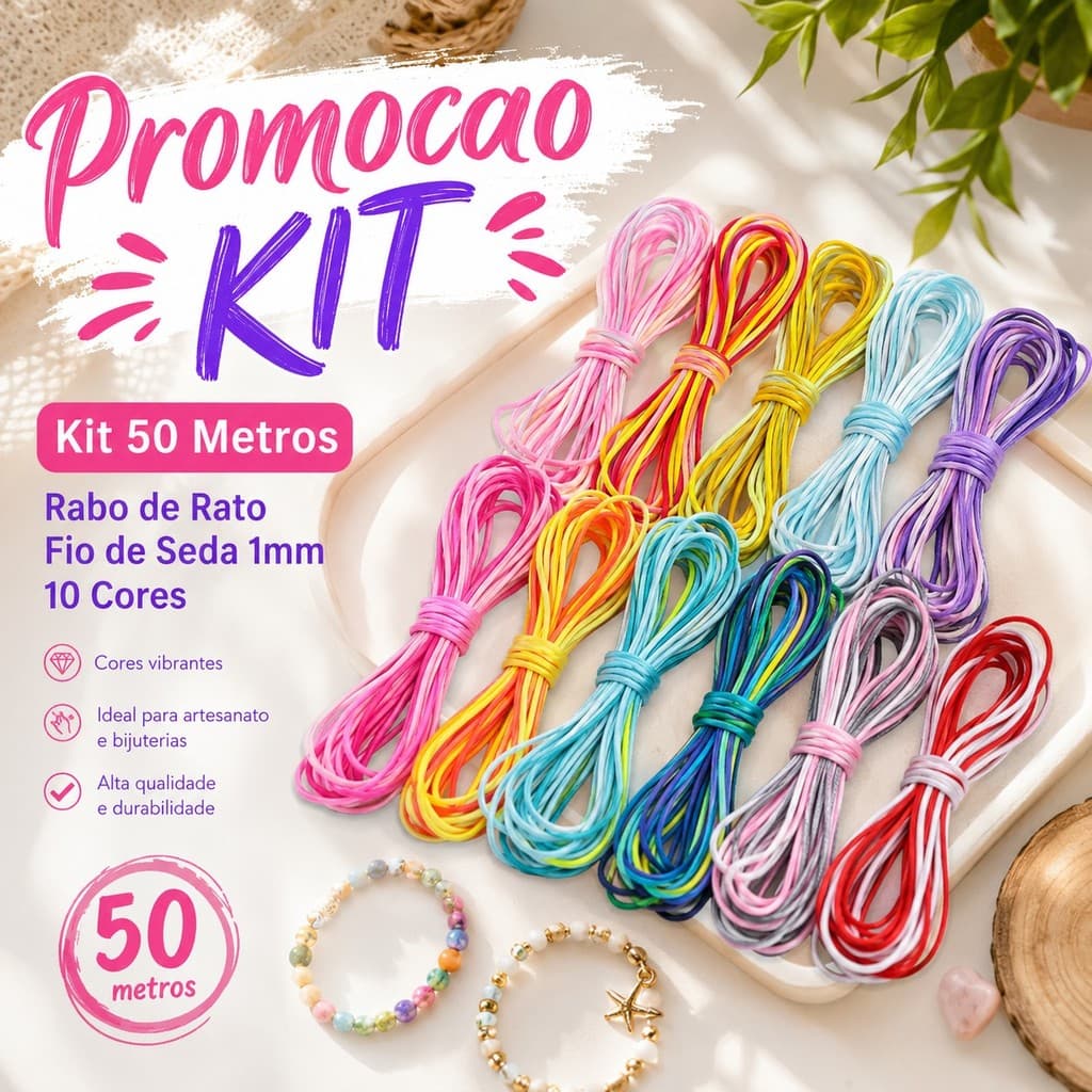 Kit 50 Metros Rabo de Rato 1mm Fio de Seda Colorido | 10 Cores para Pulseiras, Laços, Artesanato e Bijuterias