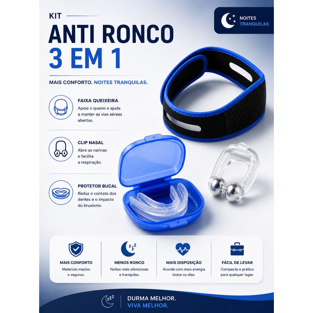Kit Anti Ronco Protetor Bucal Faixa Queixeira E Clip Nasal