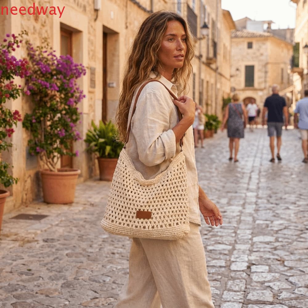 NEEDWAYB Bolsa De Tecido Oco , Ombro De Crochê Estilo Coreano De Grande Capacidade Crossbody De Tricô Com Alça De PU
