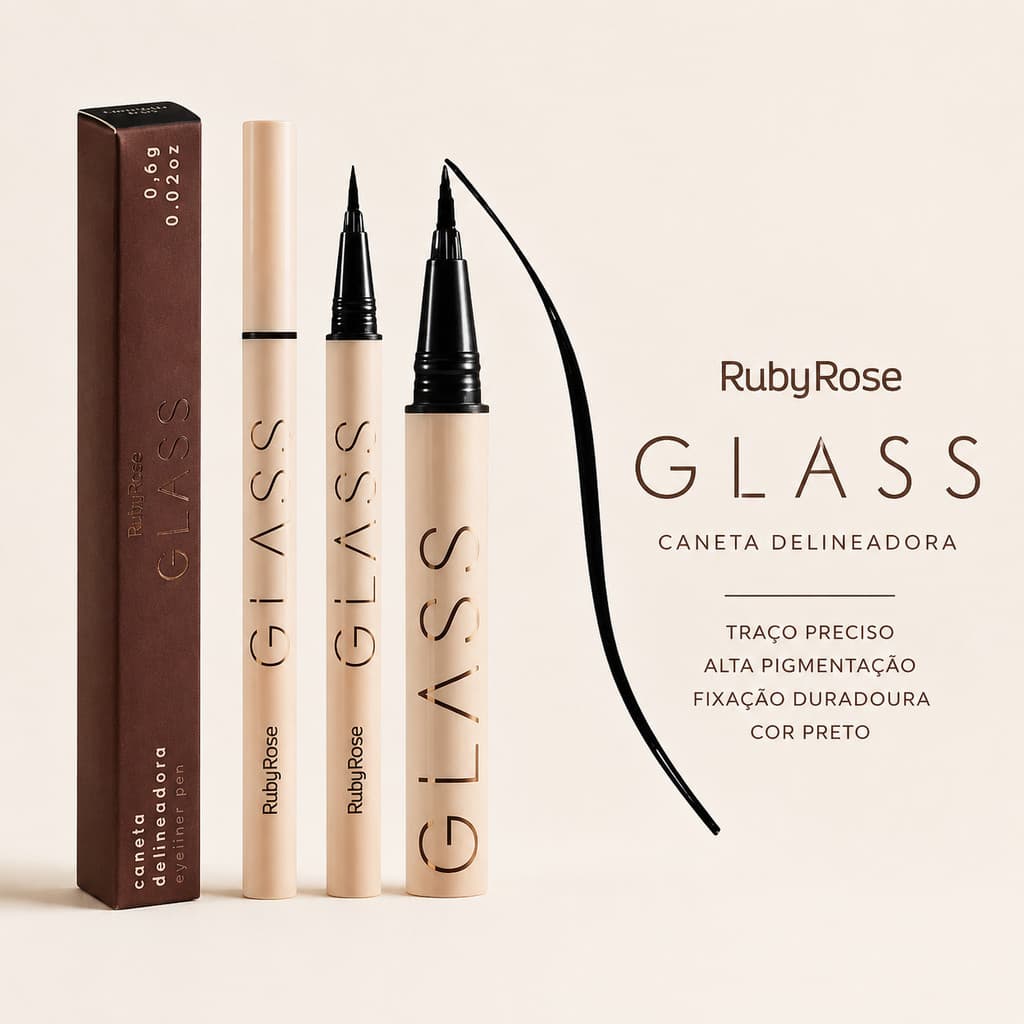 **Caneta Delineadora Glass Ruby Rose – Preto Intenso, Alta Pigmentação e Longa Duração**