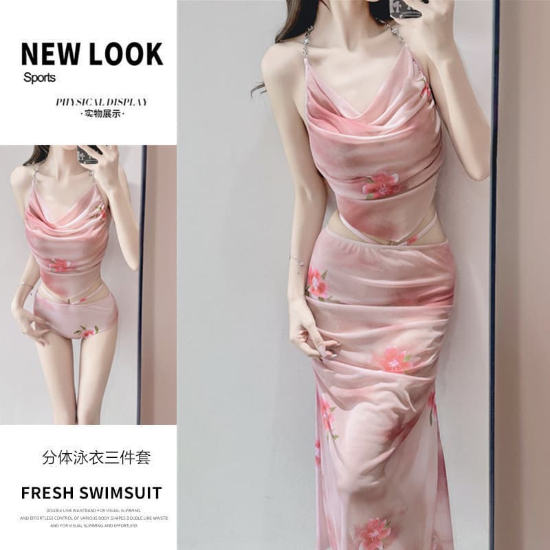 Novo puro desejo rosa pêssego dividir saia longa biquíni maiô feminino terno de três peças cobrindo carne mais magro olh