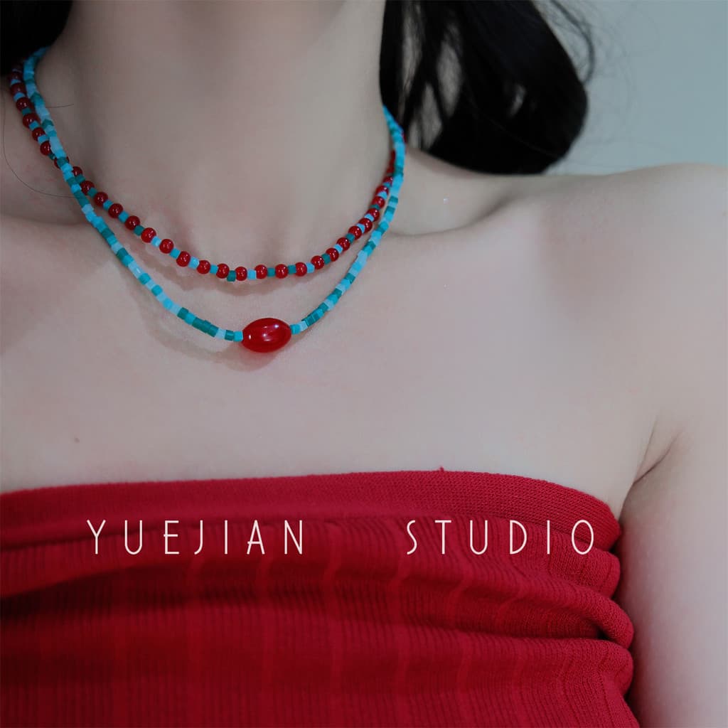 Casa de cortina ~ novo estilo chinês vermelho azul contraste cor frisado colar empilhado nicho High-End clavícula corren