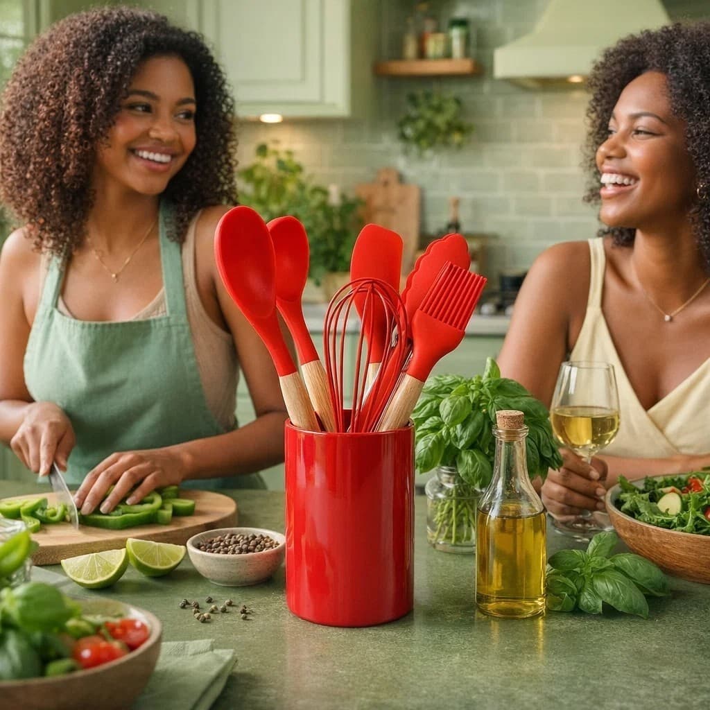 Conjunto Utensílios Cozinha Silicone Vermelho Cabo Madeira Kit 7 Peças Espátula Concha Colher