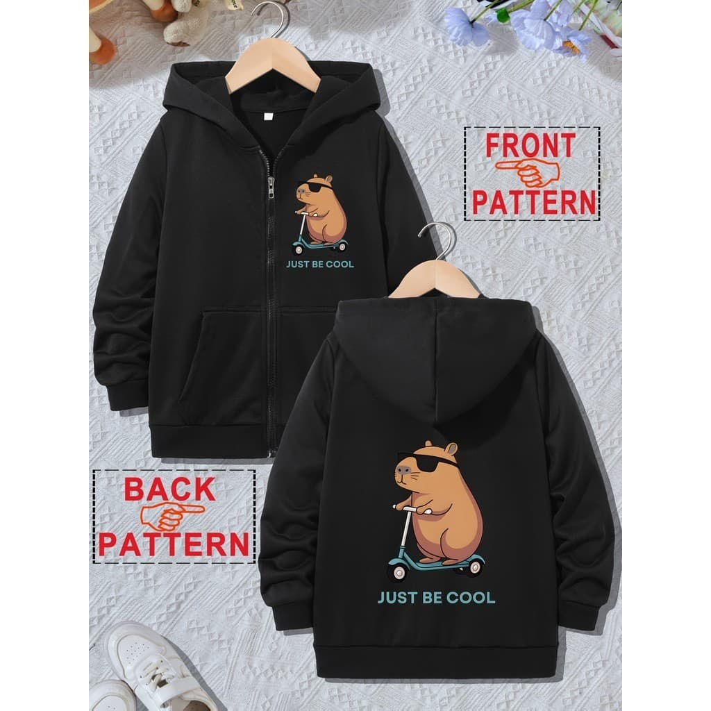 Moleton com capuz e de ziper estampado com capivara,Casual e Unissex