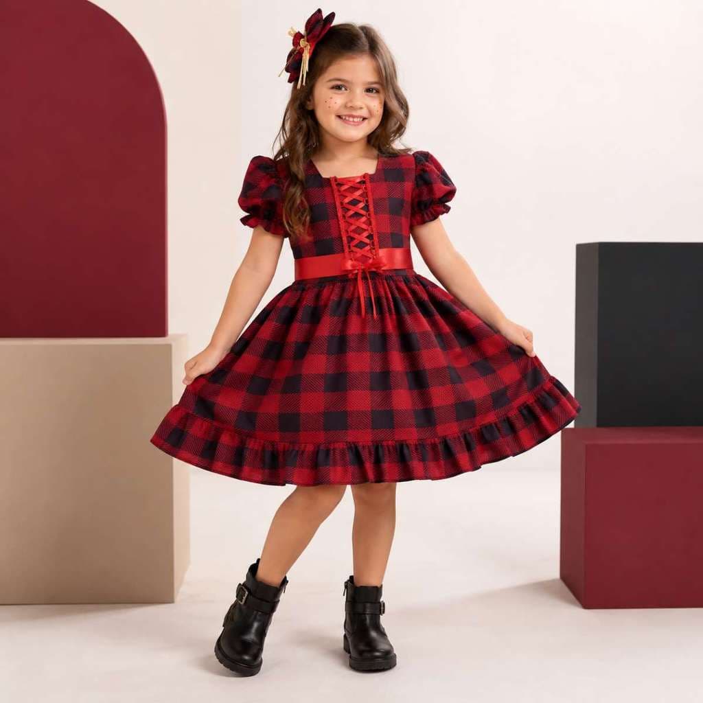 Vestido Junino Infantil Festa Junina Caipira Xadrez Luxo