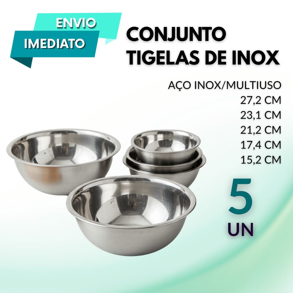 Kit Tigelas Saladeiras Aço Inox 5 Peças Cozinha Restaurante Mise en Place Dia a Dia Servir Preparar Molhos Saladas