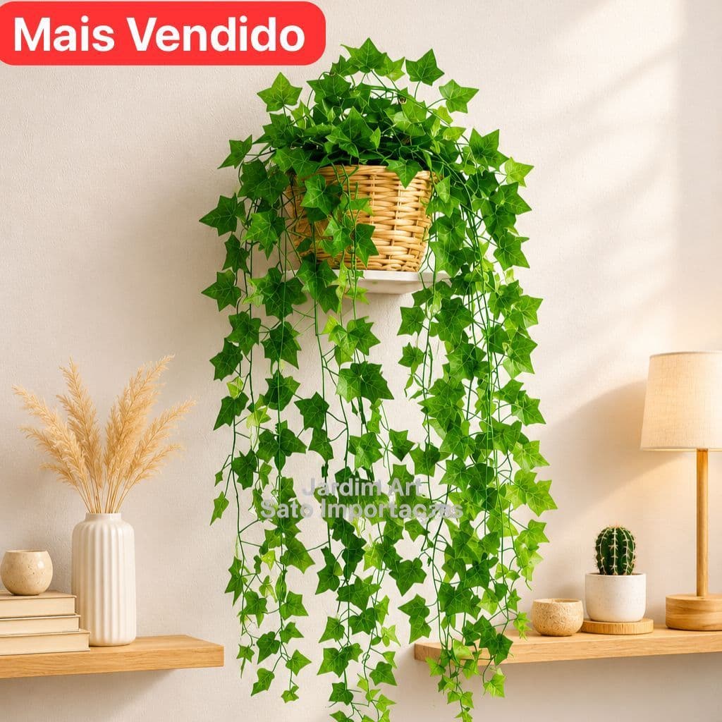 Folhagem Pendente Hera Artificial 3 Trepadeiras no Vaso Trançado BEGE OFFWHITE