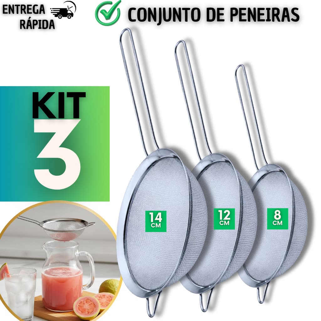 Jogo Peneira / Coador de Aço Inox Multiuso Cozinha Resistente para Massa Café Suco – Diversos Tamanhos