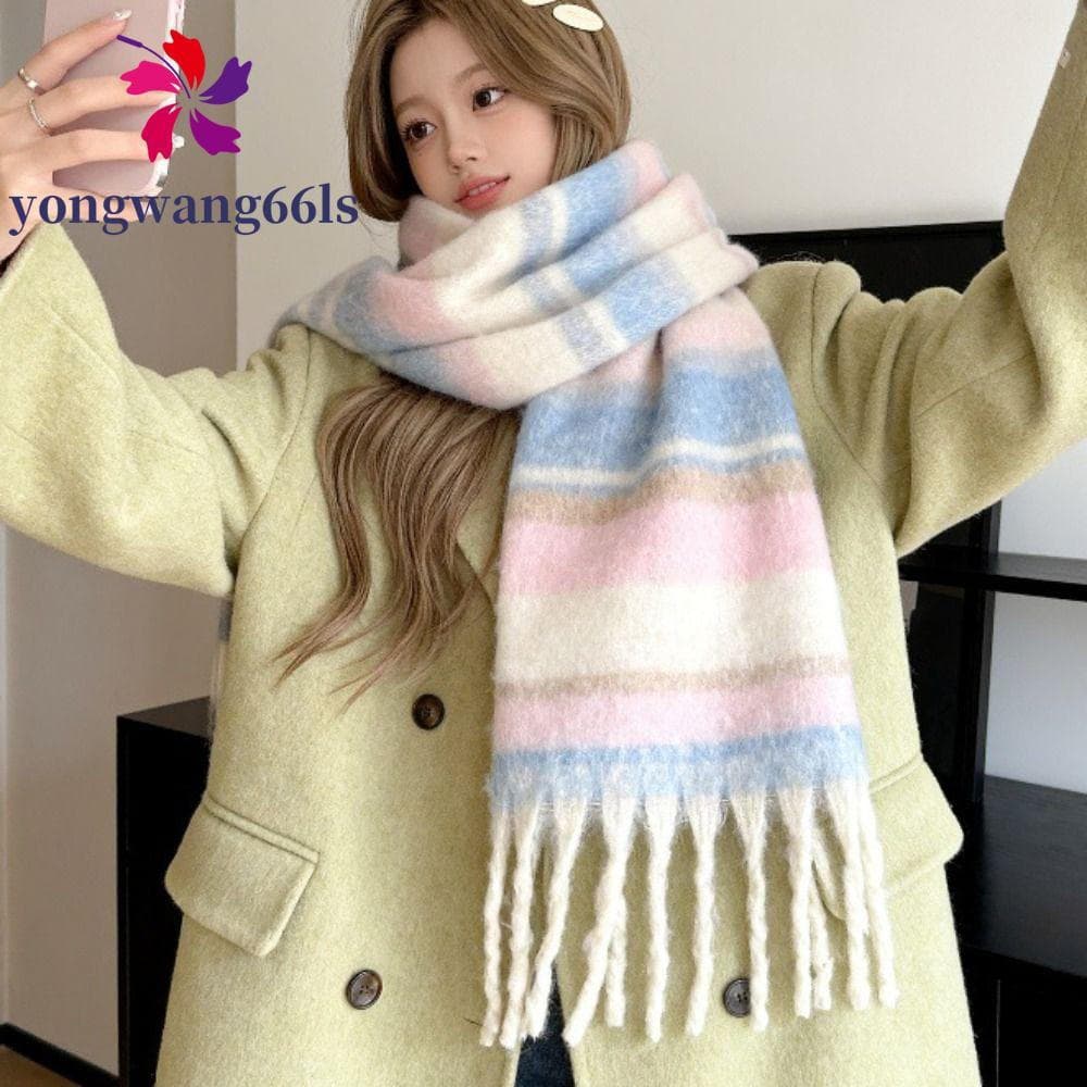 YONGWANG Lenço De Lã Xadrez , Lenços De Caxemira De Inverno Com Borla Mohair , Pelúcia Quente , Cor Sólida , Xale Longo