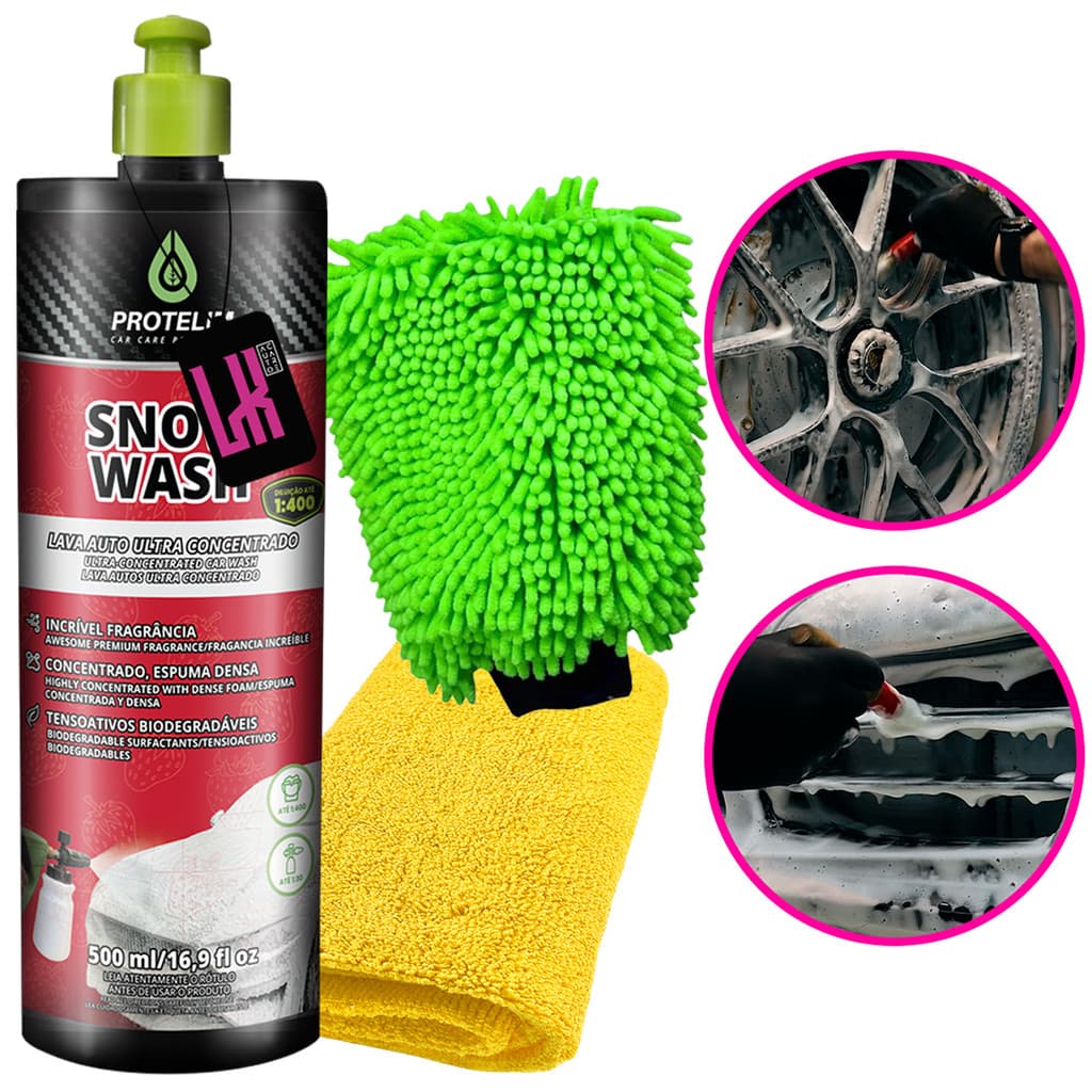 Kit Iniciante Lavagem Snow Wash Shampoo Automotivo Neutro Lava Carro Moto Espuma Luva Toalha Secagem