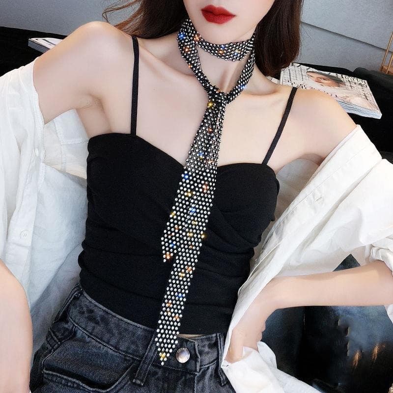 Xiaoxiangfeng strass lenço fino atmosfera feminina quente menina malha pescoço All-Match Streamer influenciador gravata