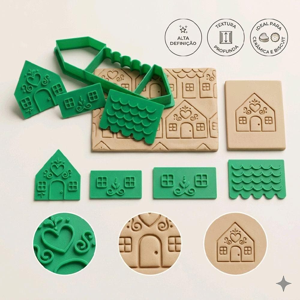 Kit Cortador Molde Carimbo Argila Cerâmica Massa Clay Casinha