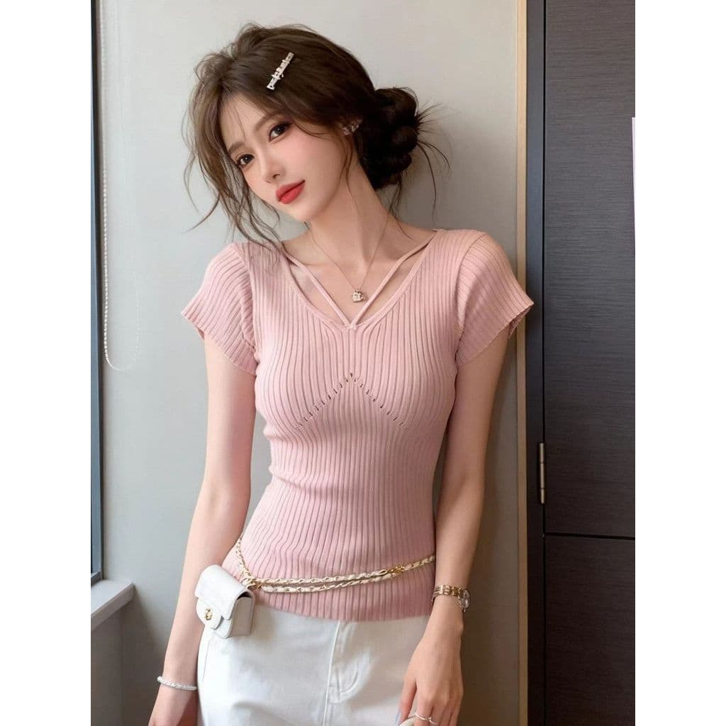 Rosa com decote em v temperamento malhas de manga curta feminino verão estilo fino puro desejo estilo fino-ajuste mais m