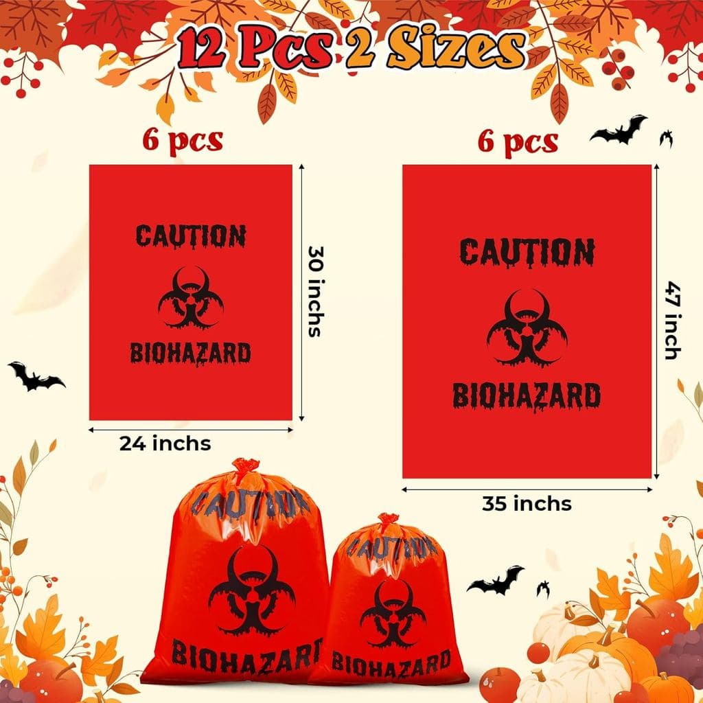 12 Sacos Grandes de Folhas para Halloween, Sacos de Lixo Biodegradáveis para Decorações de Halloween, Sacos Plásticos pa