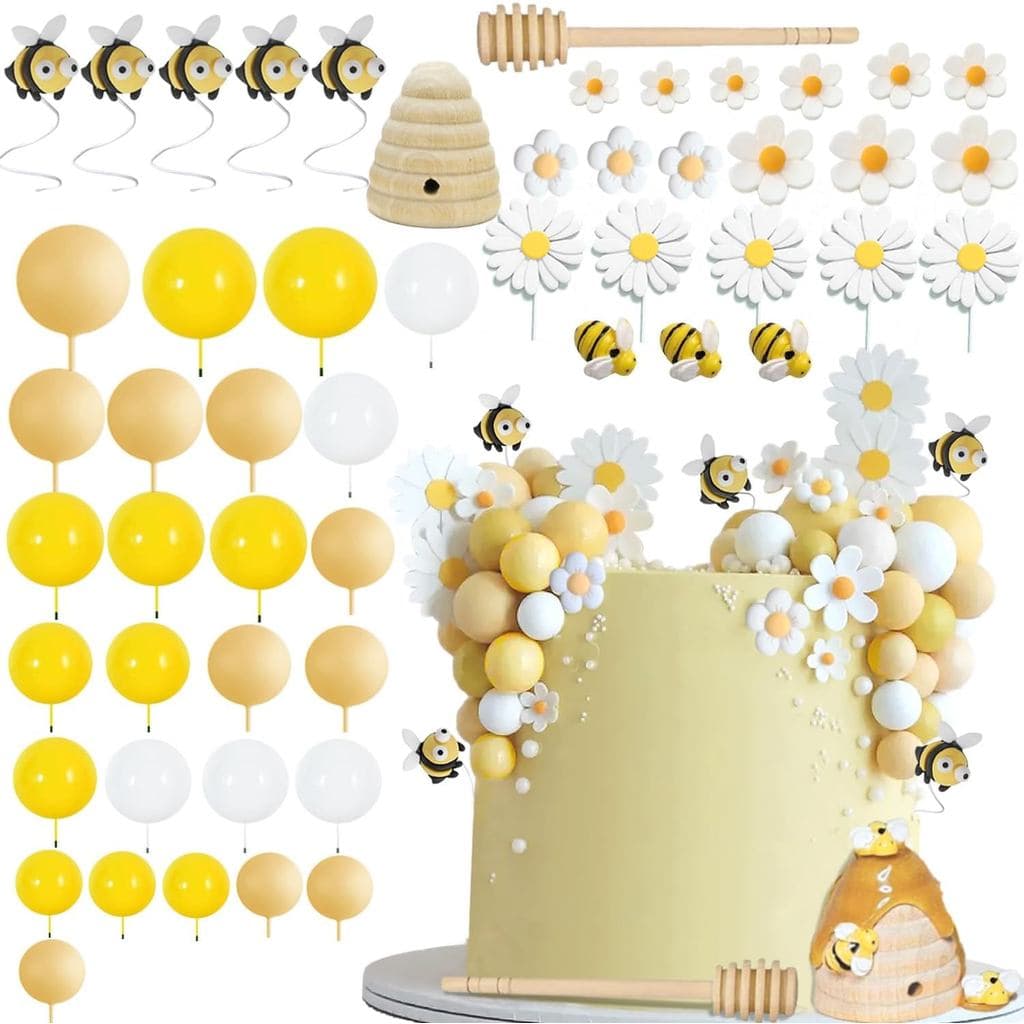 59 Peças de Decoração de Aniversário com Tema de Abelha e Margarida, incluindo Topper de Bolo, Favo de Mel, Palito de Me