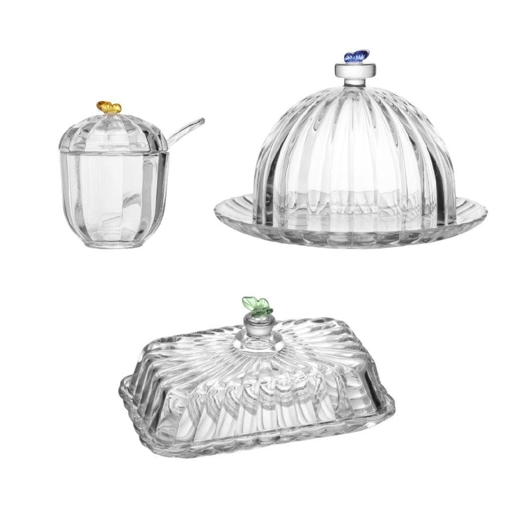 Kit Açucareiro Pote De Açúcar Queijeira E Manteigueira Cristal Borboleta Cantinho Do Café