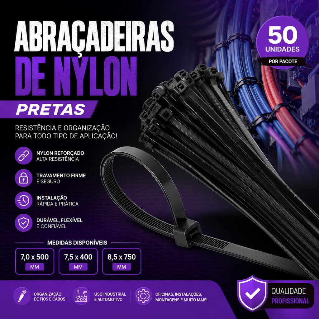 ABRAÇADEIRAS DE NYLON PRETAS 50 UNIDADES ENFORCA GATO PROFISSIONAL DIVERSOS TAMANHOS