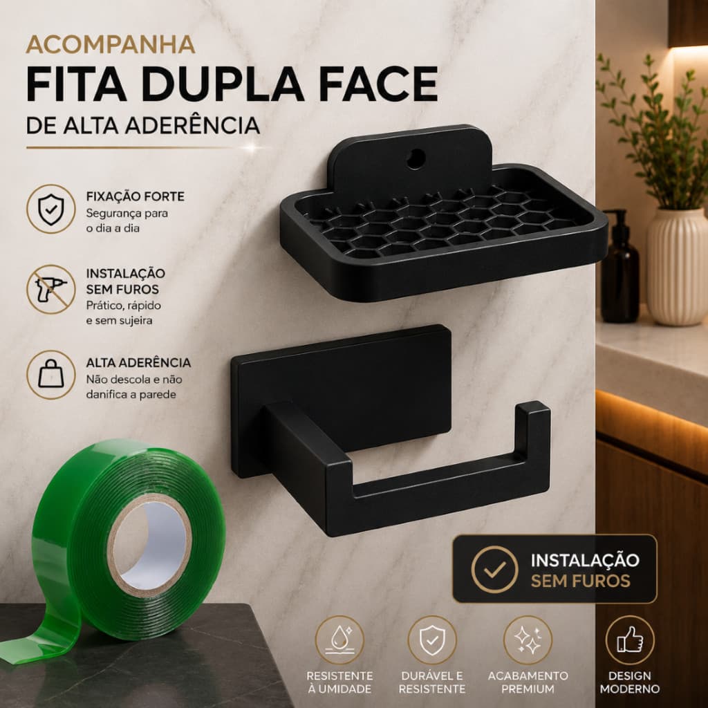 Kit Acessórios Para Banheiro Saboneteira + Suporte papel higiênico Autocolante