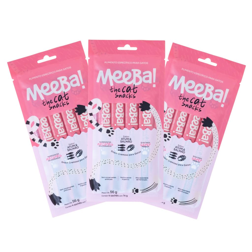 Kit 3 Petisco Para Gatos Snack Natural Cremoso Hidratação Atum E Salmão 12 Sachê 14g Meeba