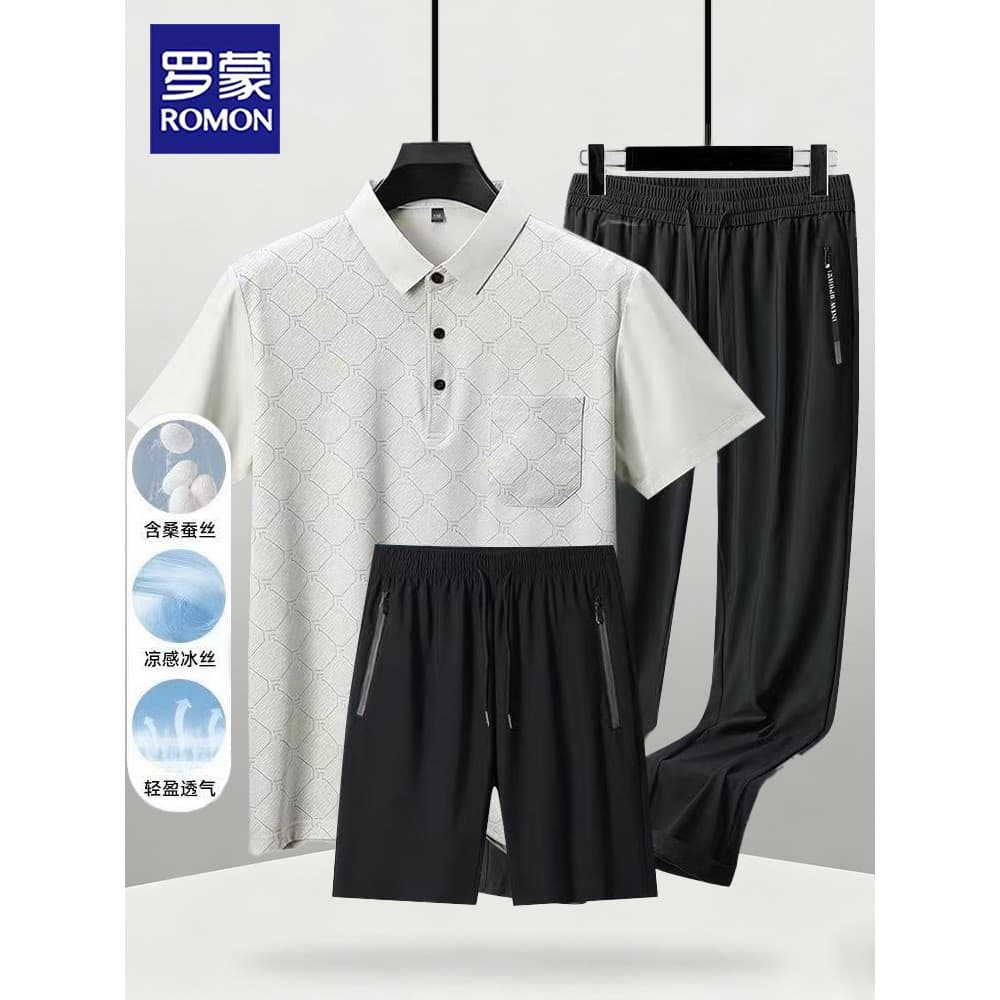 Lomon verão amoreira seda masculina de meia-idade idosos Casual terno camiseta pai usar calças POLO de manga curta
