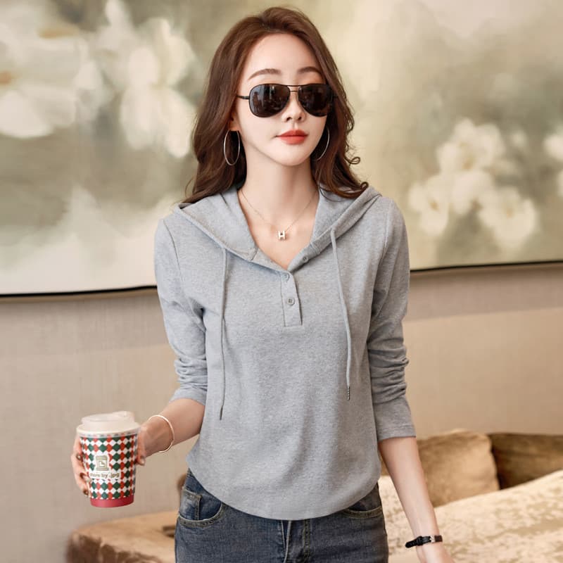 Algodão puro com capuz de manga comprida camiseta feminina primavera outono novo estilo fino-ajuste mais magro olhar est