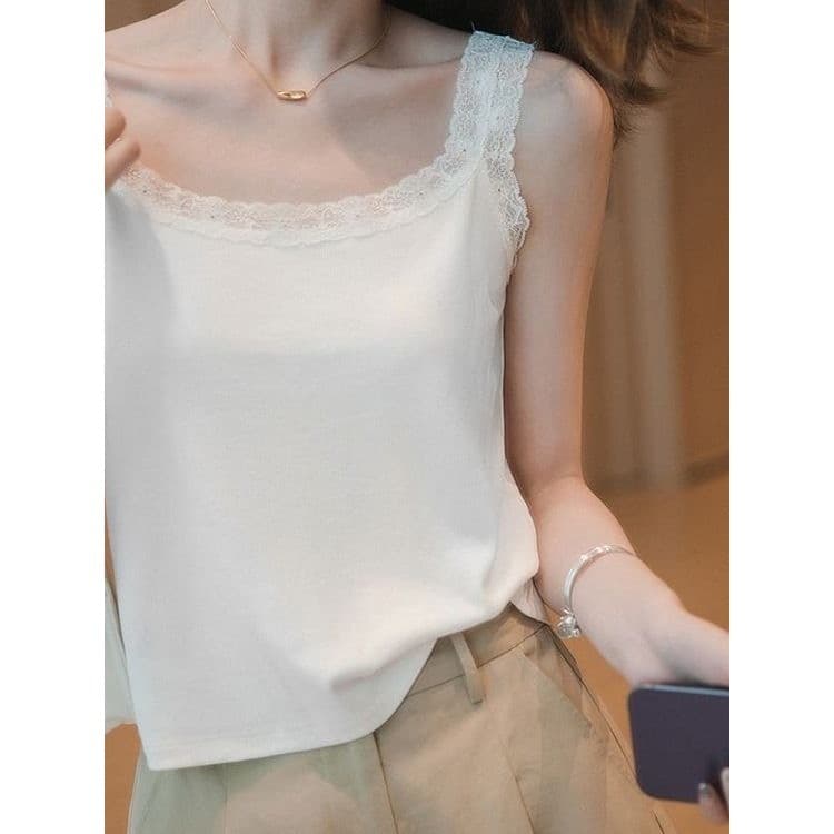 Primavera verão gelo seda renda camisola feminina solta tamanho grande exterior usar camisa de fundo interno sem mangas