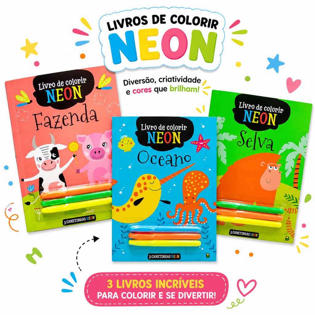Kit 3 Livros de Colorir Neon  Selva  +  Oceano +   Fazenda
